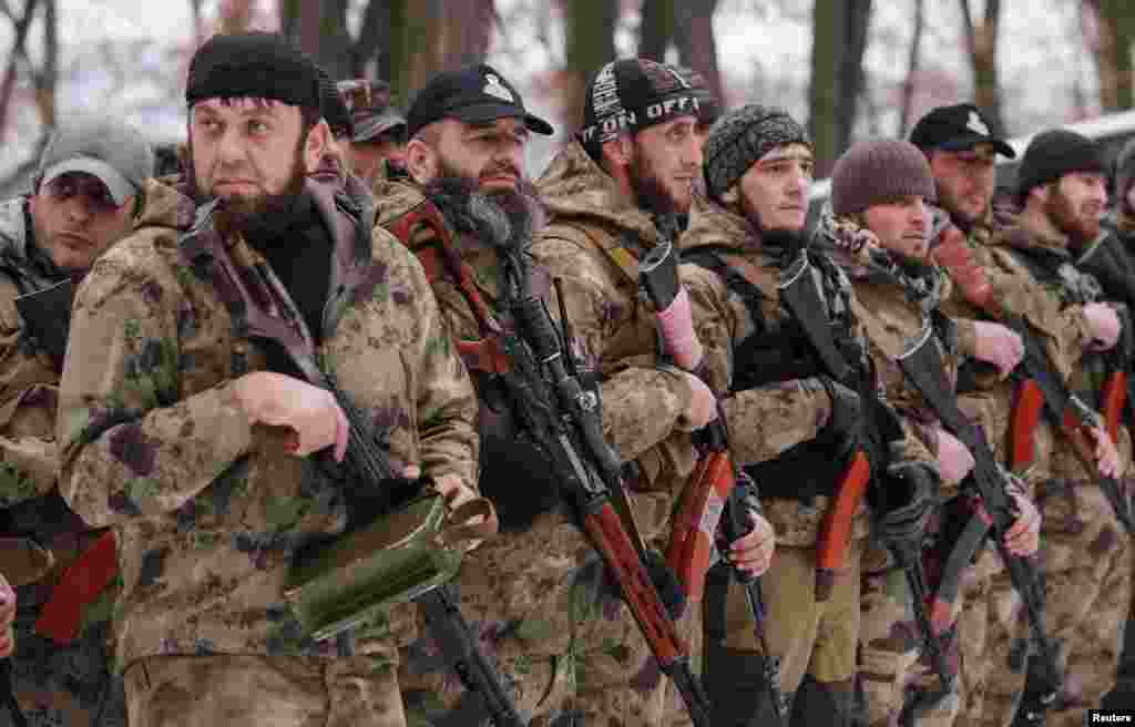 Pro-Russian separatists from the so-called Chechen "Death" battalion photographed during a training exercise on territory controlled by the self-proclaimed Donetsk People's Republic in eastern Ukraine. (Reuters/Maxim Shemetov)