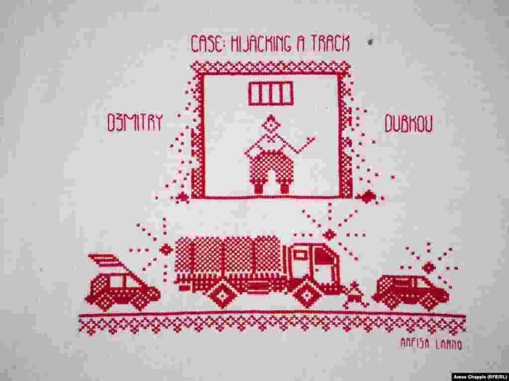 A depiction of Dzmitry Dubkou blocking a road with a street-cleaning truck in 2020. The Belarusian man was handed a seven-year prison sentence for charges including "deliberate blocking of transport." He was released in December 2025.