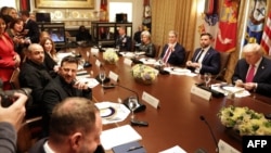 US President Donald Trump meets with Ukrainian President Volodymyr Zelenskyy in the Cabinet Room of the White House on October 17.