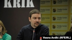 Investigative journalist Stevan Dojcinovic speaking at a press conference in June 2018. 