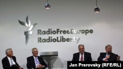 BBG Governors Walter Isaacson, Dennis Mulhaupt, S. Enders Wimbush and Victor Ashe taking questions during a town hall meeting with RFE staff in Prague
