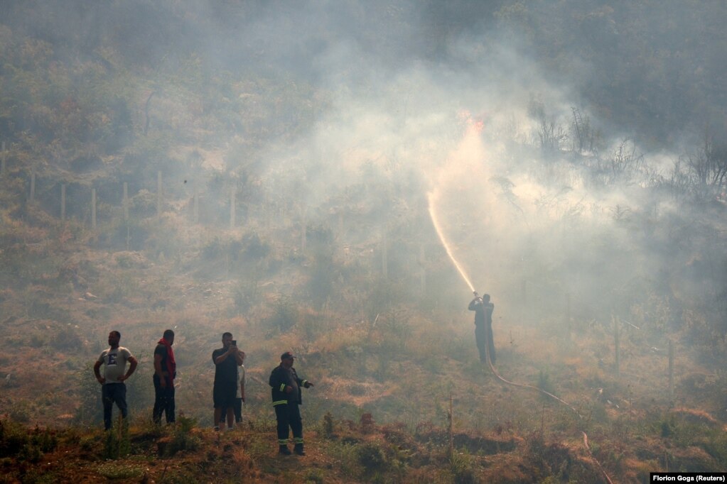 Pjesëtarë të shërbimeve të emergjencës dhe banorë duke u angazhuar për shuarjen e një zjarri të egër afër Tepelenës, në Shqipëri, më 11 gusht.