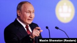 Russian President Vladimir Putin lashed out repeatedly at the United States and the European Union in a speech at the St. Petersburg International Economic Forum on June 17. 