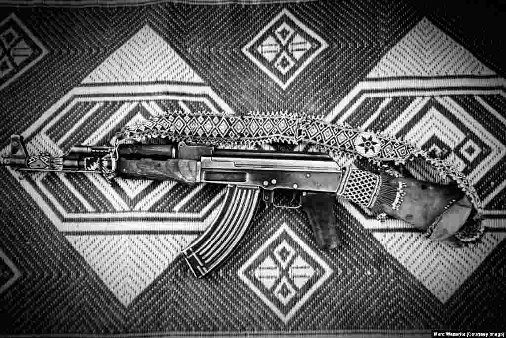 An AK-47 that has been personalized by its owner, a member of the Baloch Liberation Army.