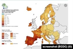 Cazurile de Covid-19 la suta de mii de locuitori în ultimele 14 zile (harta Centrului European de Prevenire și Control al Bolilor)