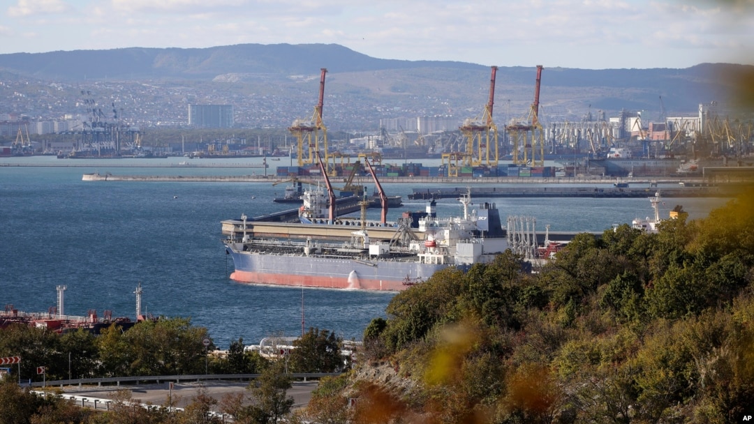 An oil tanker moored at the Sheskharis complex, part of Chernomortransneft JSC, a subsidiary of Transneft PJSC, in Novorossiysk, one of the largest facilities for oil and petroleum products in southern Russia.