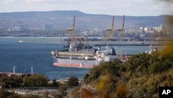 An oil tanker moored at the Sheskharis complex, part of Chernomortransneft JSC, a subsidiary of Transneft PJSC, in Novorossiysk, one of the largest facilities for oil and petroleum products in southern Russia.