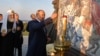 Президент Путин и патриарх Кирилл открывают памятник Александру Невскому под Псковом. Сентябрь 2021 года