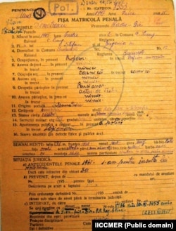 Fișa de arest a lui Radu Gyr din 1947.