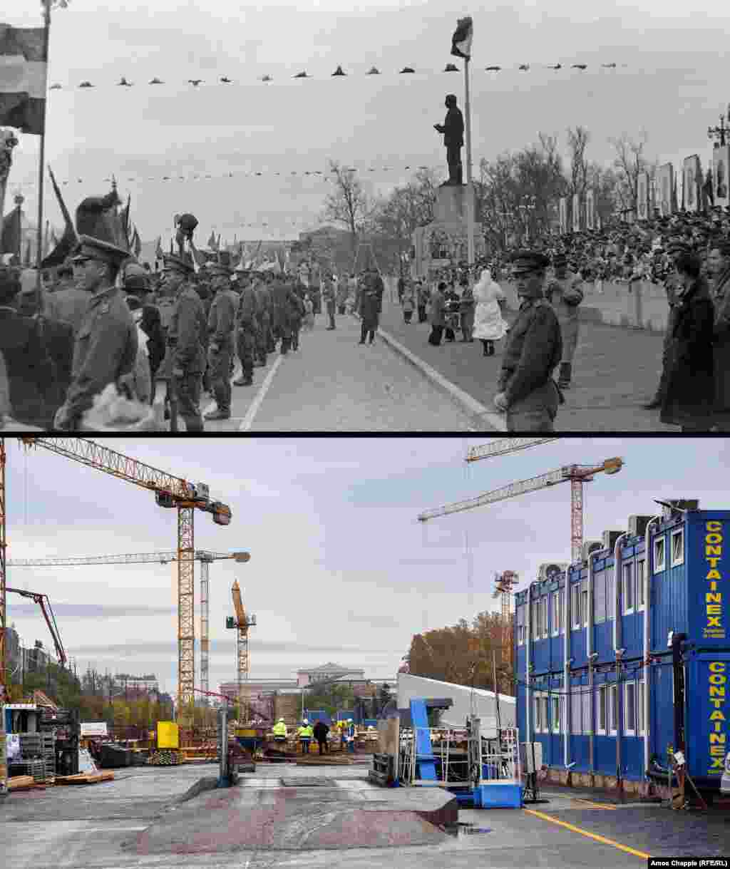 Budapest 1956 - 2019 A 25-meter statue of Josef Stalin in Budapest (top) that communist officials called a “gift” to the dictator from the Hungarian people. The historic photo was shot five months before the monument was beheaded and dragged through the streets. In 2006, a sculpture commemorating the events of 1956 was built on the site. The memorial is just visible in the 2019 photo covered with a tarpaulin. The area is now undergoing a massive, contentious redevelopment.1956 photo: Fortepan/Adomanyazo 