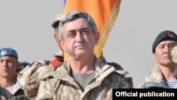 Armenia -- President Serzh Sarkisian watches military exercises held by the Russian-led Collective Security Treaty Organization in Kazakhstan on October 16, 2009.