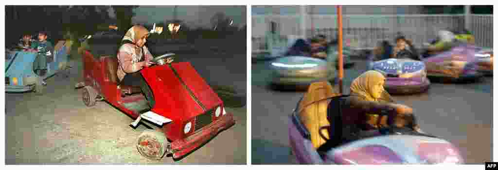 Left: A girl drives a makeshift bumper car on February 16, 1998, during the UN embargo imposed on Iraq. Right: A woman drives a bumper car at an amusement park on February 4, 2013.