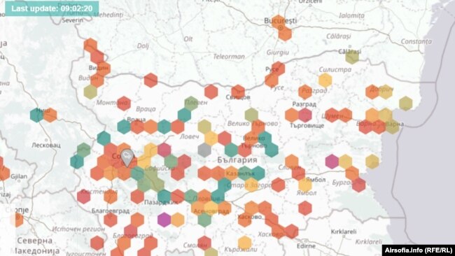 Карта на праховото замърсяване на България във вторник