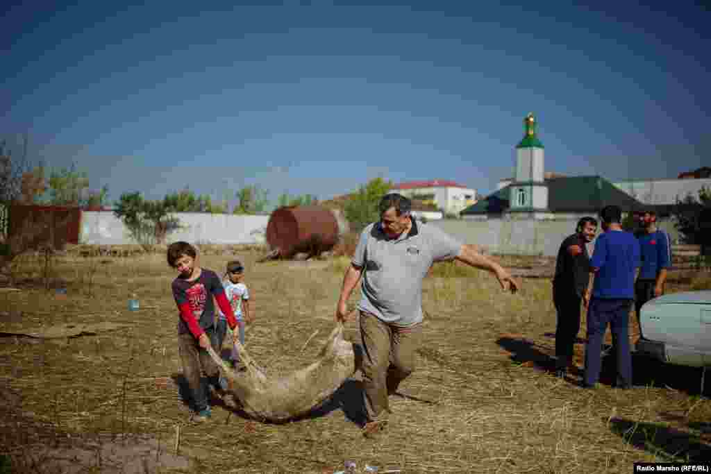 Жители Грозного ведут барана для жертвоприношения в честь праздника