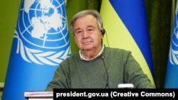 UN Secretary-General Antonio Guterres speaks to the media during a visit to Kyiv in April.