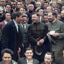 Soviet leaders Josef Stalin, Mikhail Kalinin (wearing glasses), Kliment Voroshilov, and Lazar Kaganovich (standing left to right) in 1930. Among other acts of political terror, all four men were behind the 1940 execution of some 22,000 of Poland’s top military officers, policemen, and academics seen as likely to resist Soviet communist rule in the Katyn massacre. Shirnina says this photo was also posted without problem on Facebook and Instagram.