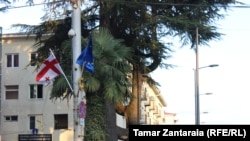 Georgia -- Georgia and EU flags in Zugdidi . 28Mar2017