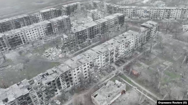 A drone view shows damaged buildings in Myrnohrad.