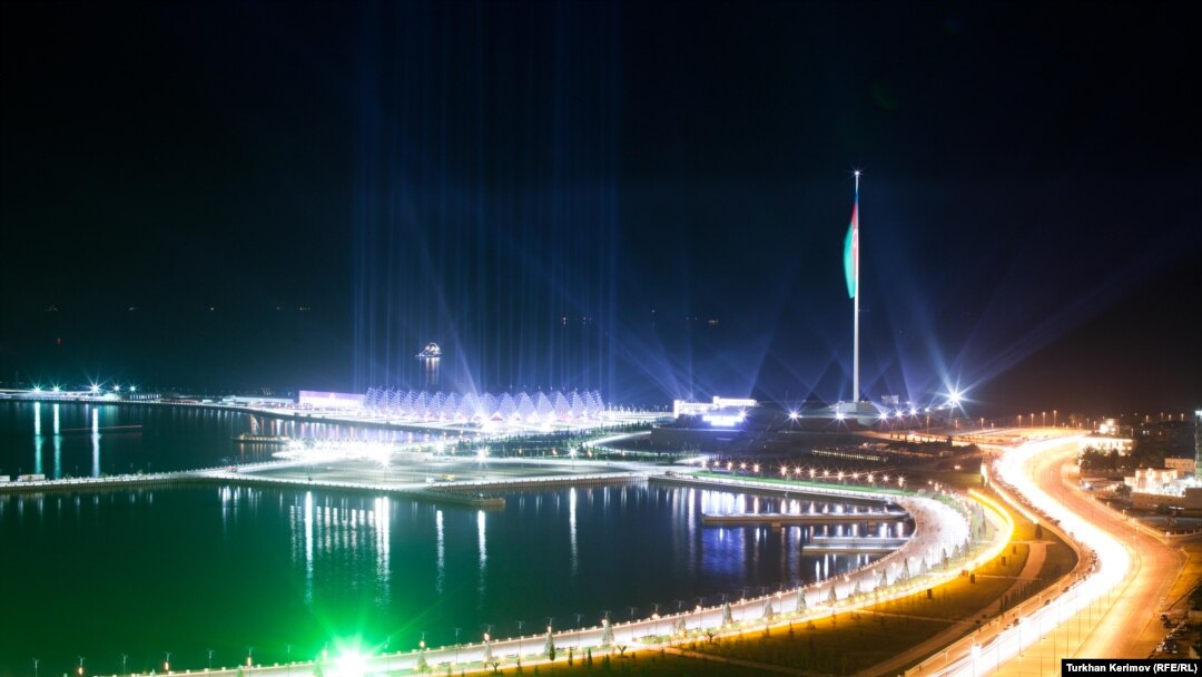 Baku's Crystal Hall by night, all $134 million of it -- does Azerbaijan need more equally expensive infrastructure projects?