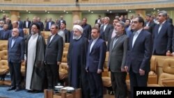 Iranian president Hassan Rouhani (C) with his cabinet members in a meeting with Iran's senior officials, on April 21, 2018.