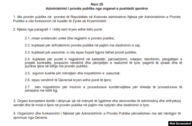 Neni 25 i Ligjit aktual për Pronën Publike.