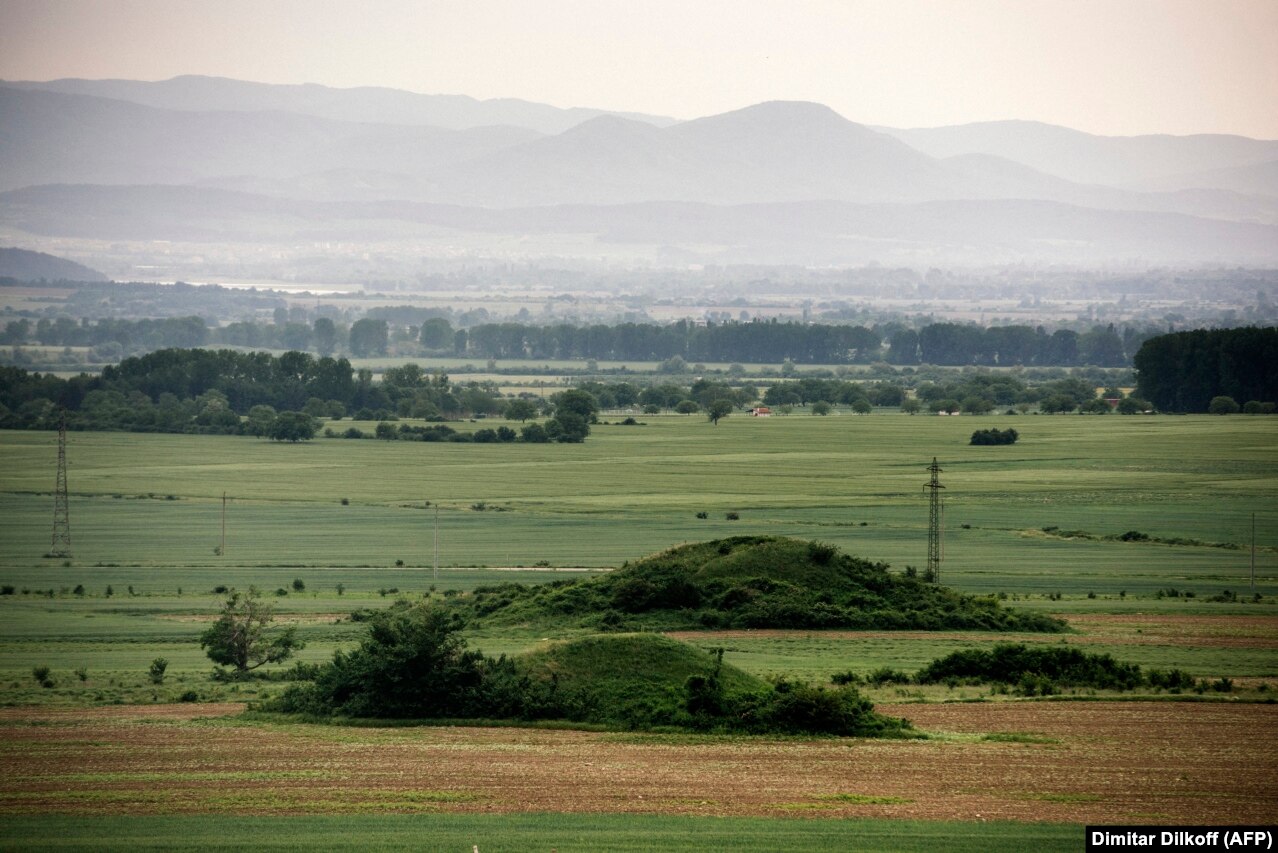 Burial mounds visible in the Valley of the Thracian Kings near the central Bulgarian town of Kazanlak.