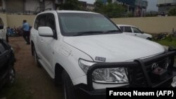 The car of an American diplomate parked inside a police station after an accident in Islamabad on April 7.