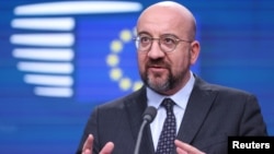 European Council President Charles Michel speaks to reporters at an EU leaders summit in Brussels on March 21. 