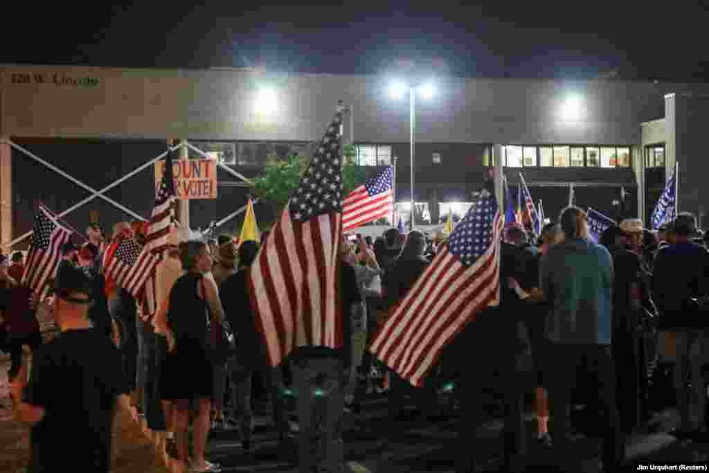 Supporters of U.S. President Donald Trump gather during a protest about the early results of the 2020 presidential election, in front of the Maricopa County Tabulation and Election Center (MCTEC), in Phoenix, Arizona, U.S., November 5, 2020.&nbsp;