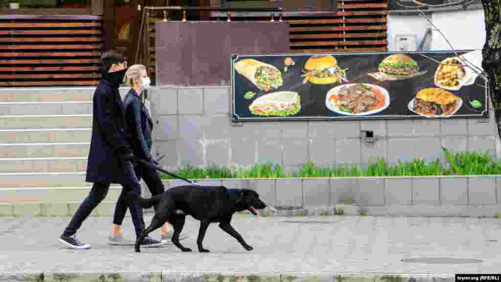 Молодые люди в масках и собакой на поводке прогуливаются по пустой улице в центре Симферополя. Все заведения в центральной части города закрыты