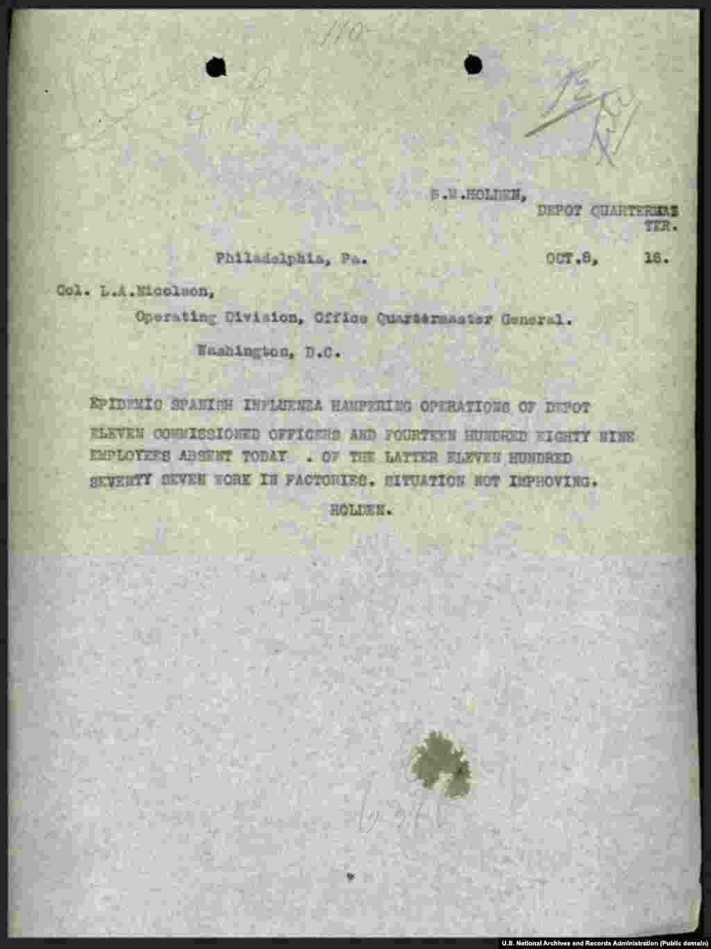 Рапорт про кризу з особовим складом на військовій базі в Філадельфії 8 жовтня 1918 року. У рапорті до канцелярії Генерального квартирмейстера США у Вашингтоні повідомляється, що 11 офіцерів і 1489 співробітників &laquo;відсутні на роботі&raquo; і ситуація не покращується.