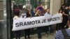 Serbia – Members of Youth Initiative for Human Rights Serbia are holding a banner "It is a shame to hate", as an reaction to protest of Serbian radical movements protest in front of the Center for Cultural Decontamination in Belgrade in which is held a fe