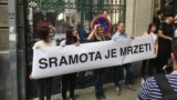 Serbia – Members of Youth Initiative for Human Rights Serbia are holding a banner "It is a shame to hate", as an reaction to protest of Serbian radical movements protest in front of the Center for Cultural Decontamination in Belgrade in which is held a fe