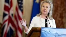 U.S. Secretary of State Hillary Clinton speaks at the conclusion of the G8 ministerial meeting in Washington.
