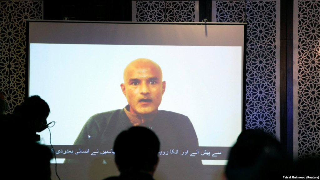 Former Indian Navy officer Kulbhushan Sudhir Jadhav speaks via video link during a news conference at the Pakistani Foreign Ministry in Islamabad in December 2017. 