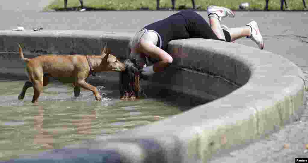 A woman and her dog seek some respite from the heat in a park in central Prague on July 27.