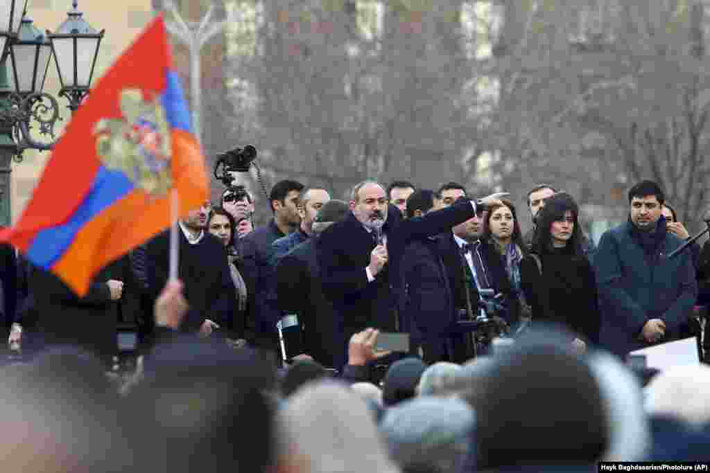 Pashinian addresses supporters during the gathering on Republic Square.&nbsp;