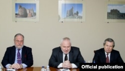 Armenia - James Warlick (R) of the United States, Russia's Igor Popov (C) and France's Jacques Faure, the three co-chairs of the OSCE Minsk Group, at a meeting with Defense Minister Seyran Ohanian in Yerevan, 4Feb2014.