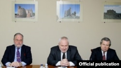 Armenia - James Warlick (R) of the United States, Russia's Igor Popov (C) and France's Jacques Faure, the three co-chairs of the OSCE Minsk Group, at a meeting with Defense Minister Seyran Ohanian in Yerevan, 4Feb2014.