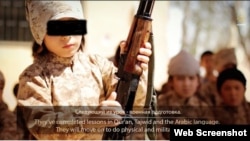 A grab from the video, titled "Race Toward Good," released via the Islamic State militant group's Al Hayat website, showing Kazakh nationals, including children, in training in Syria.