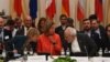 AUSTRIA -- EU-director Helga Schmid (L-R), Federica Mogherini, EU High Representative for Foreign Affairs and Security Policy, and Foreign Minister of Iran Mohammad Javad Zarif attend a ministerial meeting of the Joint Commission of the Joint Comprehensiv