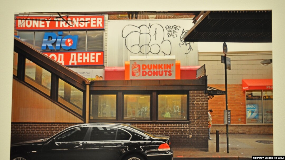 An exhibit photo of a doughnut shop in Brighton Beach, a Russian-speaking neighborhood in New York