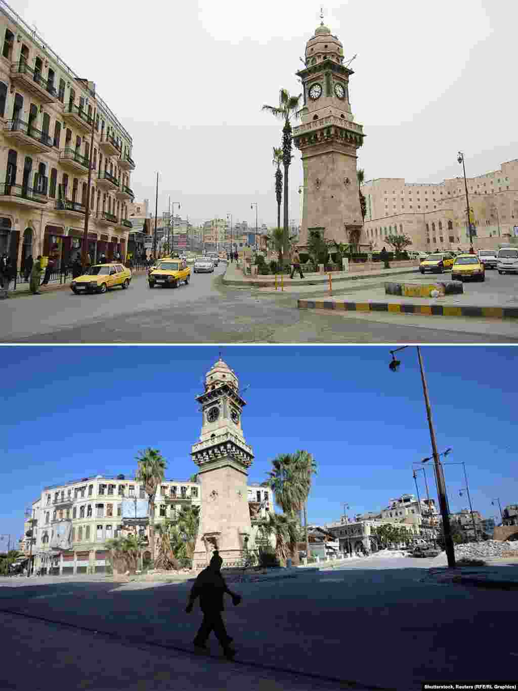 The clock tower of Bab al-Faraj Square is still standing, though piles of rubble show nearby damage. 