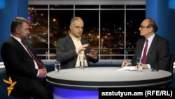 Armenia - RFE/RL's Armenian Service director Harry Tamrazian (R) hosts Armen Martirosian (L), vice-chairman of the Heritage party, and Levon Zurabian, leader of the Armenian National Congress's parliamentary faction, at Azatutyun TV's Yerevan Studio