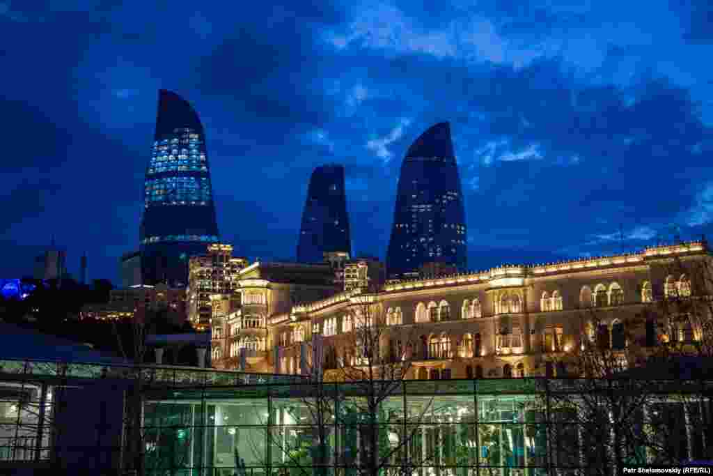 A view of the Flame Towers from the Caspian Sea embankment