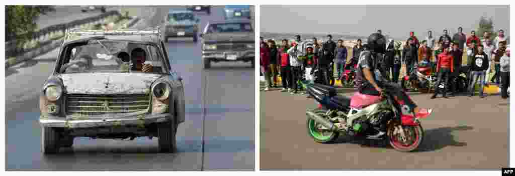 Left: A man drives a beat up car in Baghdad on October 24, 2003. Right: A stunt rider on his motorbike during a motor show on February 8, 2013.