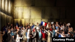 «Біз де ұлтпыз» атты шараның Жак-Луи Давидтің «Теннис залындағы ант» картинасына ұқсас етіп салынған бір баннері. 