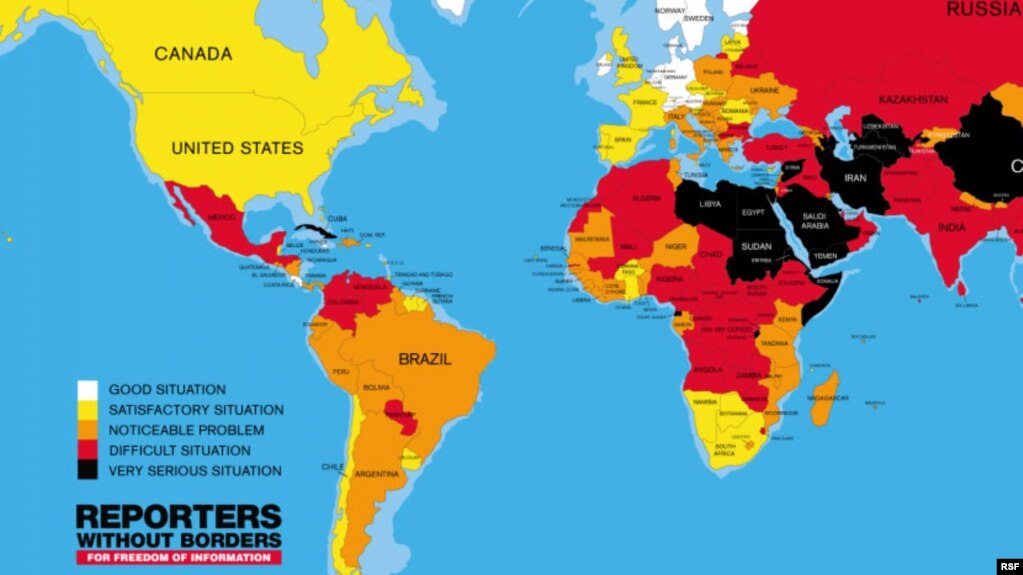 World map, The 2017 World Press Freedom Index compiled by Reporters Without Borders
