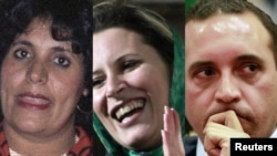 A photo montage shows Qaddafi's wife Safia, daughter Aisha, and son Hannibal (left to right).