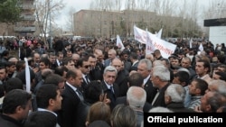 Armenia - President Serzh Sarkisian (C) talks to voters on a campaign trip to Aragatsotn province, 20Apr2012.